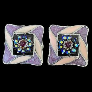 Vintage 1980’s Swirled Enamel AB rhinestone square clip on earrings 1”x1”